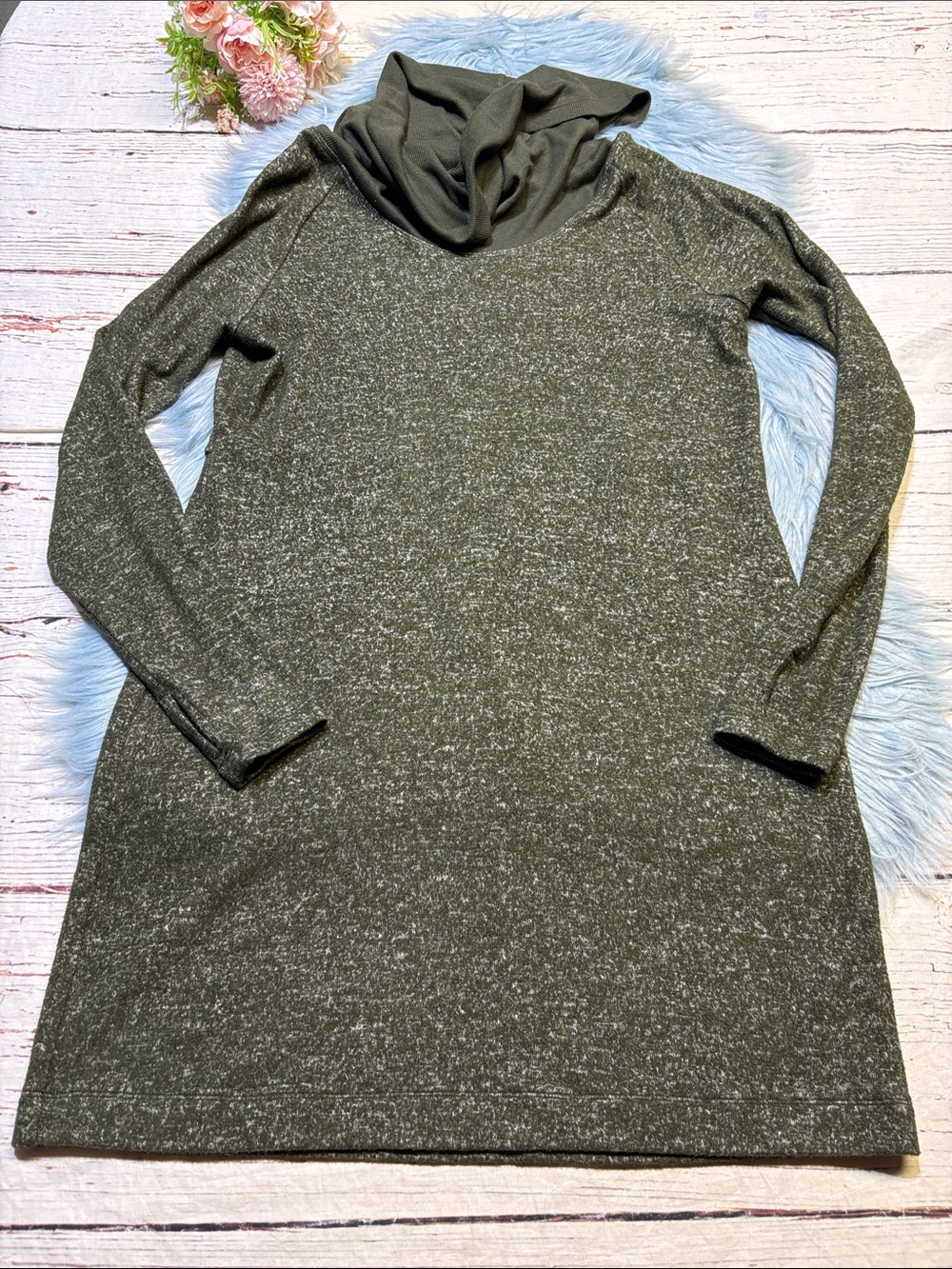Cabi Green Solace Cowl Neck Cinch Back Sweater Dress sz S